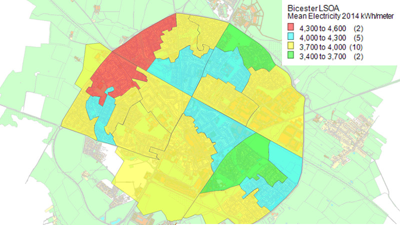 Bicester LSOA Mean Electricity 2014 map