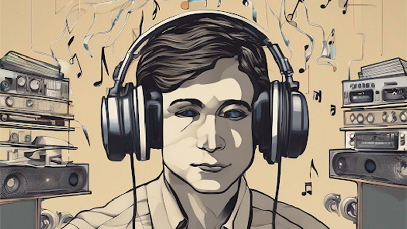Image of a drawing of a person wearing headphones, with musical notes above them