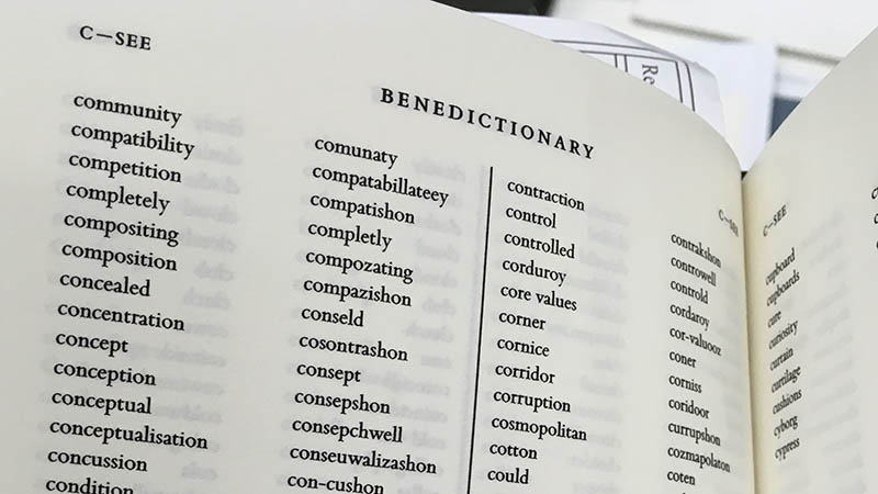 A page of A Benedictionary - 'lecksick' spelling translated into dyslexic spelling.