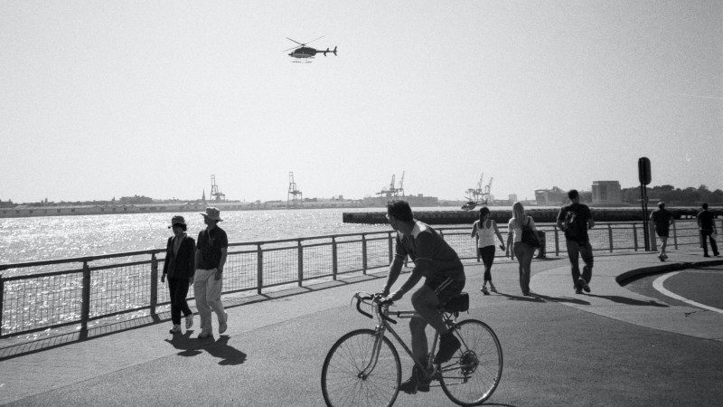 multiple modes of transport (walking, cycling, helicopter and boat)