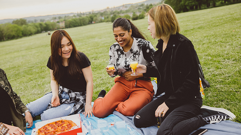 Group of female students having picnic in park