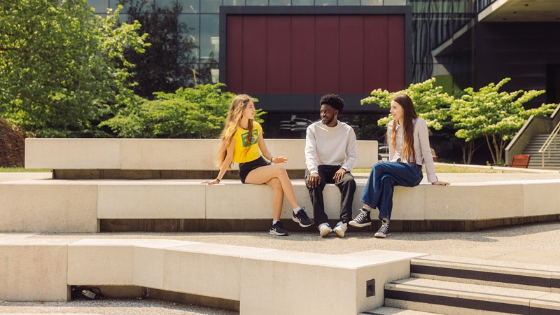 Students in conversation in the courtyard