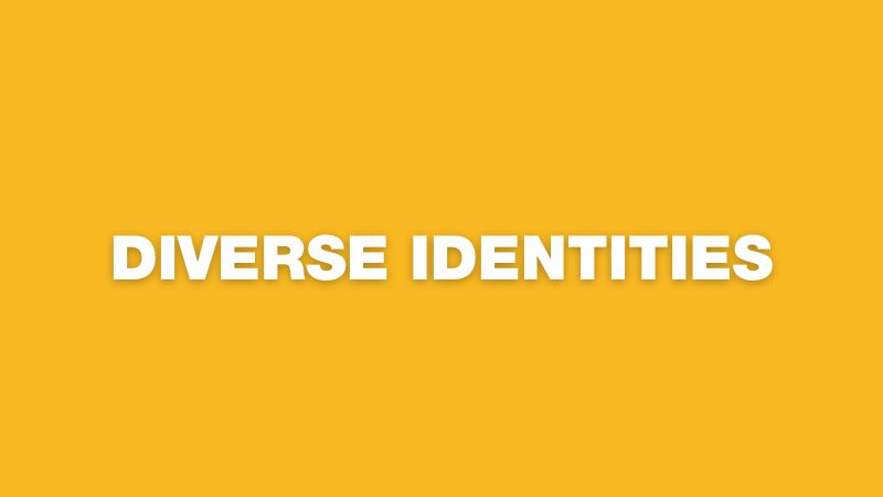 Yellow background graphic with 'diverse identities' written on it in white 