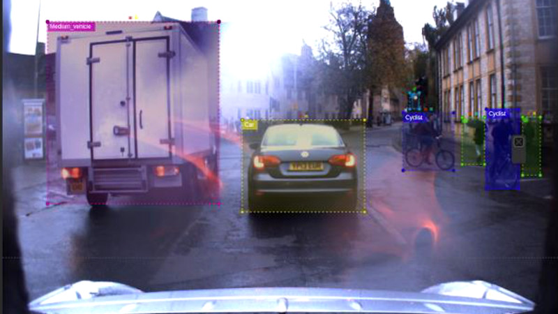 Road event detection in autonomous driving, with colored boxes around the relevant road agents to be detected