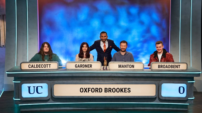 Oxford Brookes students on the set of University Challenge, with host Amol Rajan.