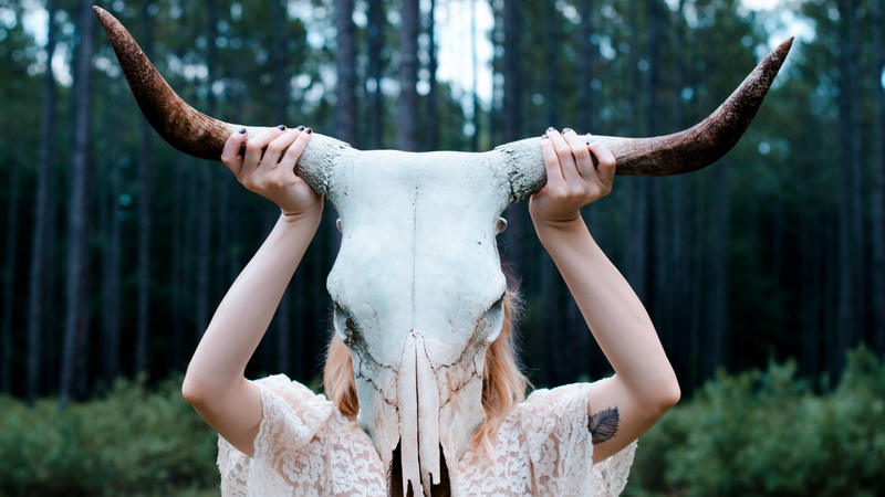 Girl standing in woodland holding a ram skull in front of her face. 