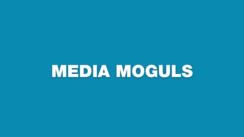 Blue background graphic with 'media moguls' written on it in white