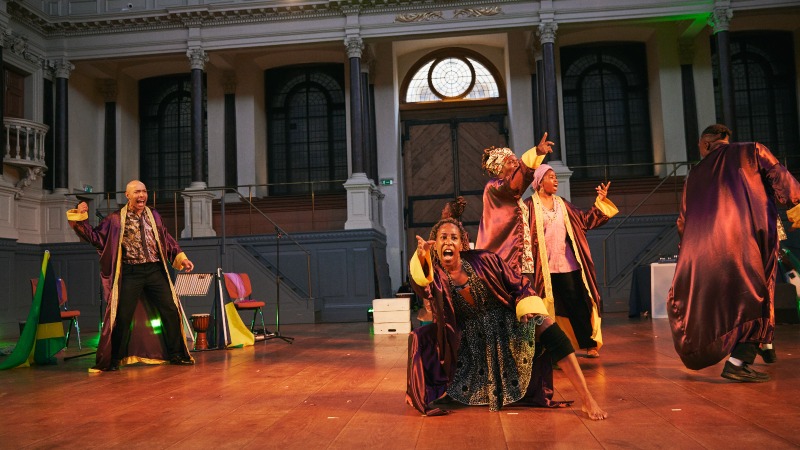 A dramatic scene from a theatrical performance