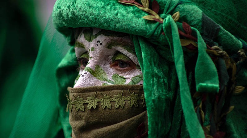 A person dressed in a green headress costume