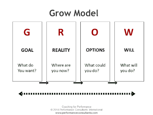 G.R.O.W. Goal - What do you want?, Reality - Where are you now?, Options - What could you do?, Will - What will you do?