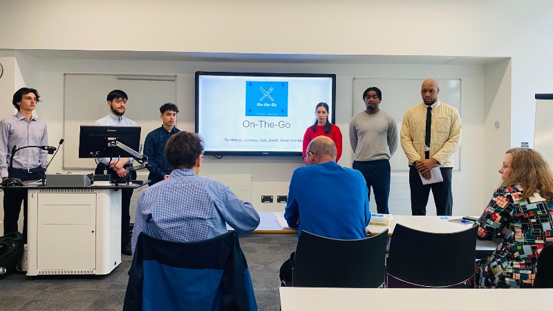Oxford Brookes students present their pitch to a panel
