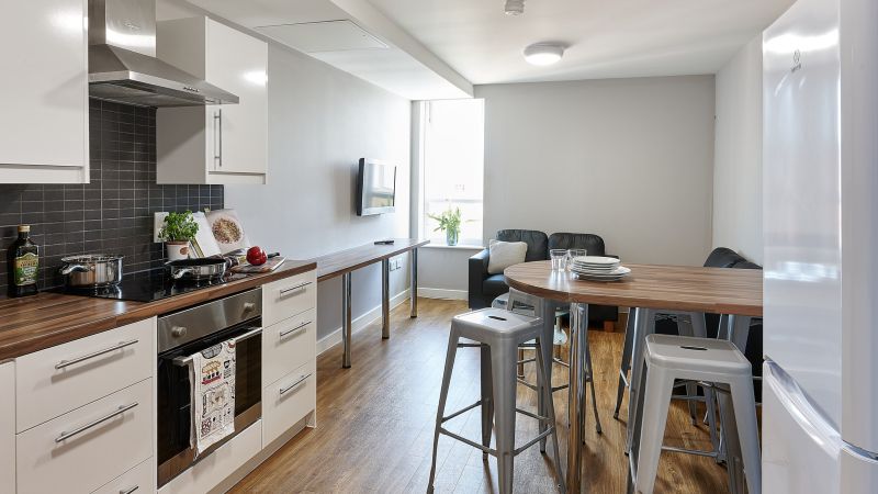 Modern shared kitchen with stool seating