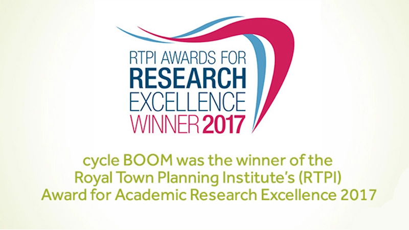 RTPI Awards for Research Excellence Winner 2017. Cycle Boom was the winner of a Royal Town Planning Institute's Award for Academic Excellence in 2017