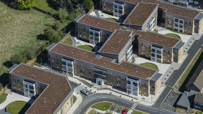 An aerial view of a block of flats