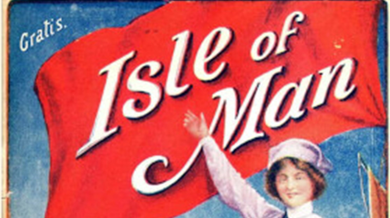 Illustration of woman standing in front of a banner reading 'Isle of Man' 
