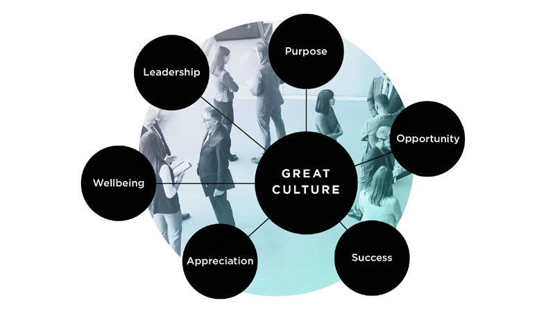 Great culture- purpose, leadership, wellbeing, appreciation, success and opportunity