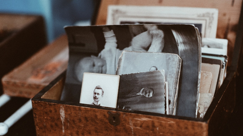 Wooden box of old family photos