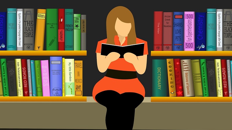Illustration of woman sitting in bookshelves reading