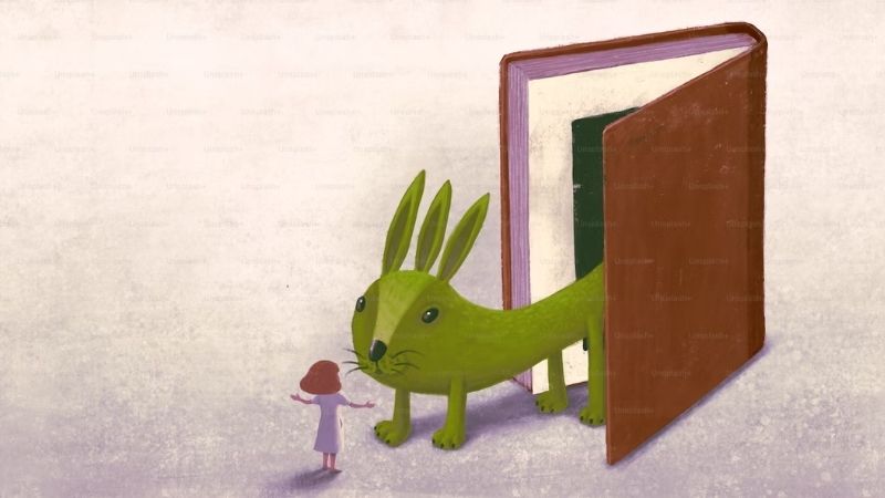 a drawing that has an open book with a bunny exiting from it