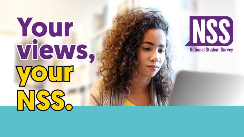 Image of student featuring NSS logo and 'Your views, your NSS' strapline